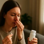 Žena trpiaca alergickými príznakmi berie liek loratadín