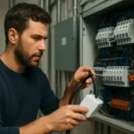 Muž kontroluje elektrické pripojenia v rozvádzači.