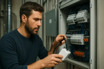 Muž kontroluje elektrické pripojenia v rozvádzači.
