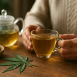 Čaj z kanadského konope a rastlinný materiál na drevenom stole