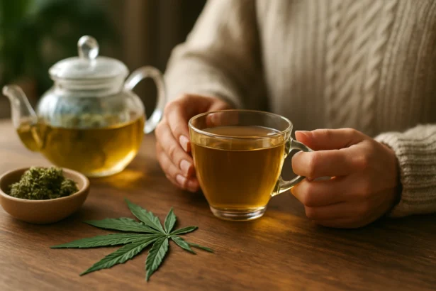 Čaj z kanadského konope a rastlinný materiál na drevenom stole