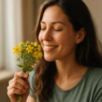 Žena s kvetmi ľubovníka bodkovaného, usmievajúca sa