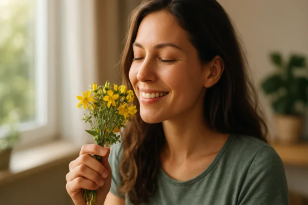Žena s kvetmi ľubovníka bodkovaného, usmievajúca sa