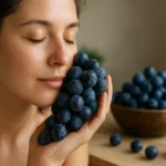 Žena drži modré hrozno a objíma ho s úsmevom, s kozmetickým olejom v pozadí.