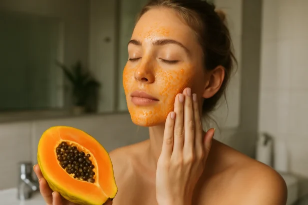 Žena s papája maskou na pleti, používajúca prirodzené zloženie