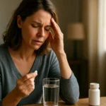 Žena trpiaca bolesťou, pripravujúca sa na užitie Algopyrinu.