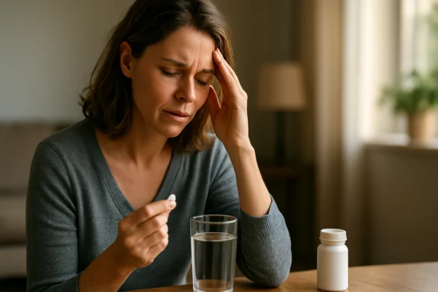 Žena trpiaca bolesťou, pripravujúca sa na užitie Algopyrinu.