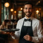 Čašník s podnosom a pohármi vína v reštaurácii.