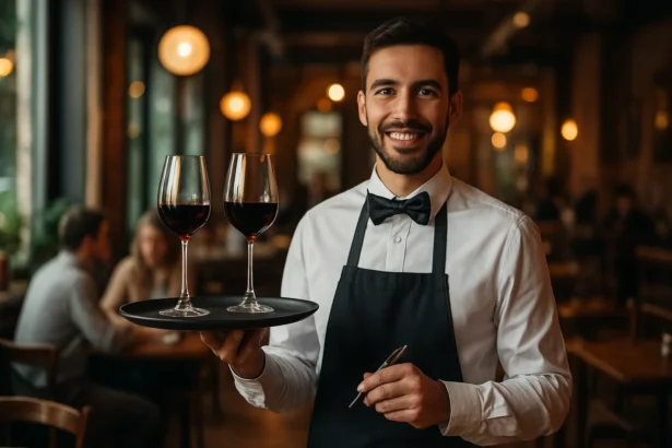 Čašník s podnosom a pohármi vína v reštaurácii.