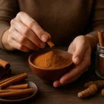 Ruky s práškovou škoricou a škoricovými tyčinkami na drevenom stole