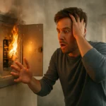 Muž prekvapený pred horiacim elektrickým ističom v domácnosti.
