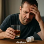 Muž s alkoholom a tabletami, zobrazuje riziká kombinácie antibiotík s alkoholom.