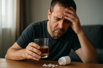 Muž s alkoholom a tabletami, zobrazuje riziká kombinácie antibiotík s alkoholom.