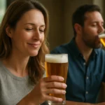 Žena si užíva pivo a jeho zdravotné výhody pri miernej konzumácii.