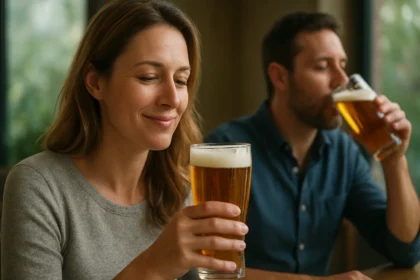 Žena si užíva pivo a jeho zdravotné výhody pri miernej konzumácii.