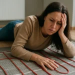 Žena leží na podlahe, znepokojená elektrickým podlahovým kúrením.