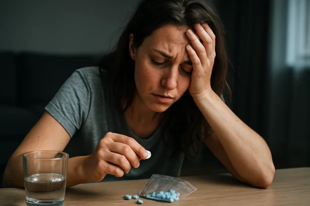 Žena s tabletou ecstasy a pohárom vody, vyjadrujúca obavy.