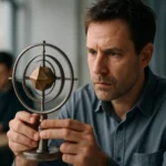 Muž skúma gyroskop s geometrickým modelom v kancelárii