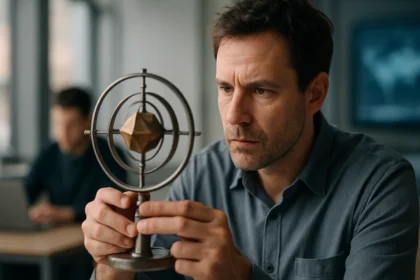 Muž skúma gyroskop s geometrickým modelom v kancelárii