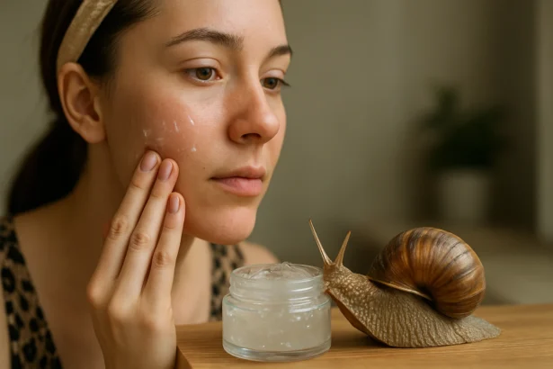 Žena nanášajúca slimačí gél na svoj tvár s veľkým slimákom vedľa.
