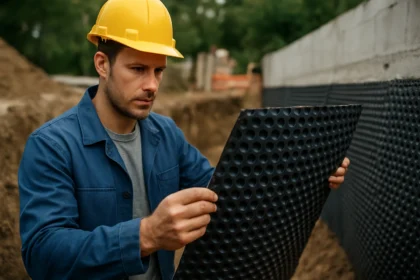 Muž s ochrannou helmou kontroluje drenážne dosky na stavbe.