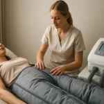 Žena užíva lymfodrenážny prístroj na podporu zdravia.