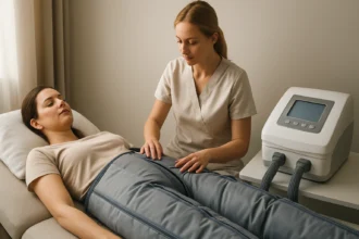 Žena užíva lymfodrenážny prístroj na podporu zdravia.