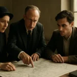 Troch ľudí diskutuje nad historickou mapou v kontexte Trianonskej zmluvy.