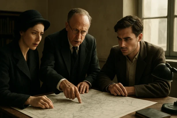 Troch ľudí diskutuje nad historickou mapou v kontexte Trianonskej zmluvy.