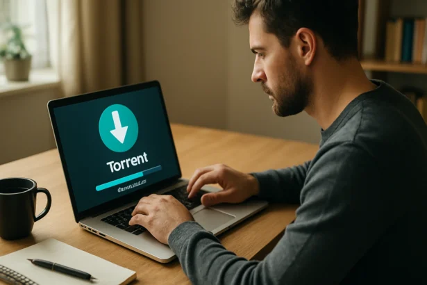 Muž pracujúci na počítači s torrent klientom na obrazovke