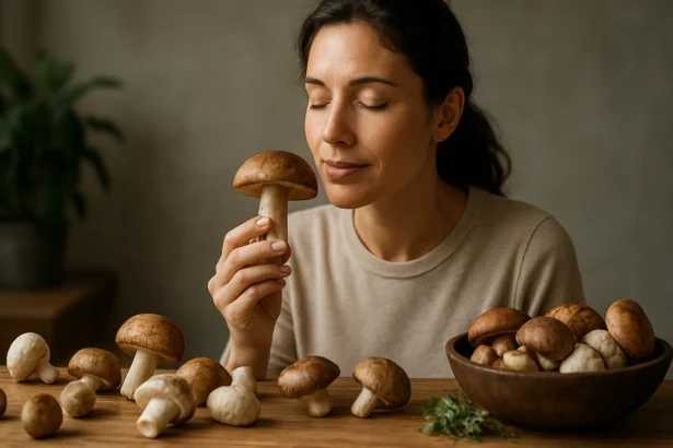 Žena objavuje zdravotné benefity húb s uzavretými očami.