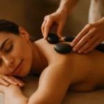 Žena relaxuje na masážnom stole s lávovými kameňmi.