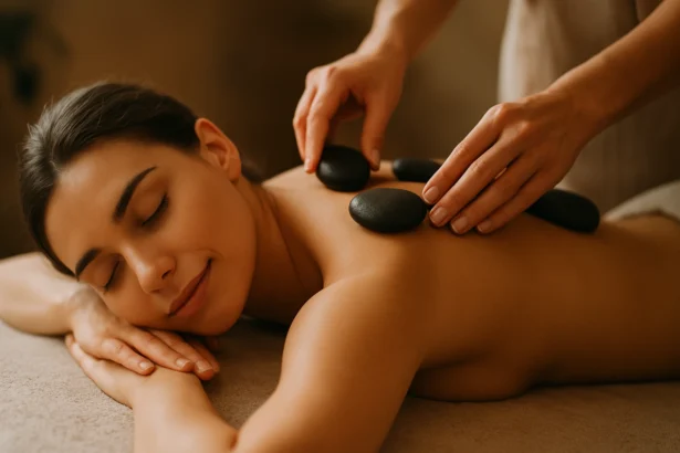 Žena relaxuje na masážnom stole s lávovými kameňmi.