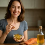 Žena s omega-3 doplnkami, lososom a olivovým olejom v kuchyni.