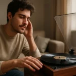 Muž počúva gramofón s výrazom pohody a sústredenia.