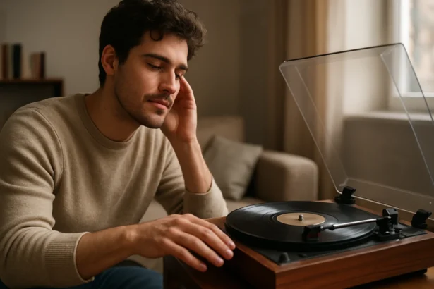 Muž počúva gramofón s výrazom pohody a sústredenia.