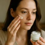 Žena nanáša dubový krém na pleť pre zdravie a krásu pokožky.