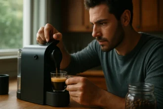 Muž pripravuje kávu s kávovarom Nespresso v domácnosti.