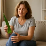 Žena s aloe vera, vyjadrujúca úľavu od bolesti kĺbov.