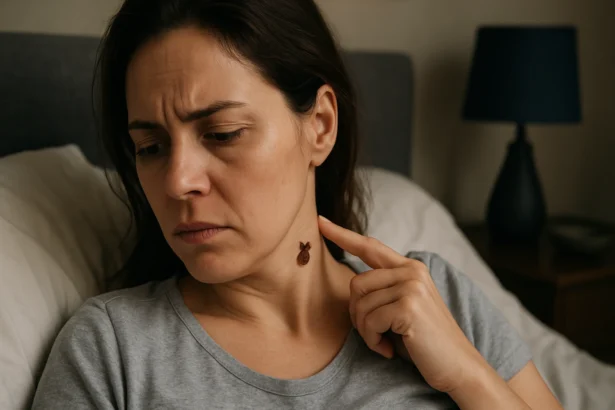 Žena skúma mozgovú plošticu na svojom krku.