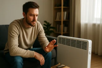 Muž sedí na pohovke a sledoval elektrický ohrievač v obývacej izbe.