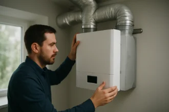 Muž inštalujúci moderný rekuperátor pre efektívne vetranie