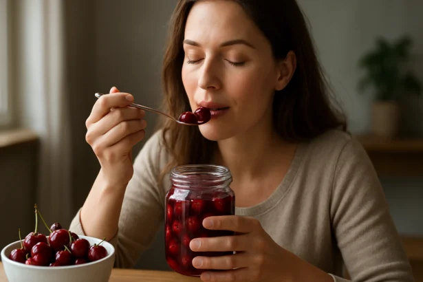 Žena si vychutnáva čerešňový kompót z pohára