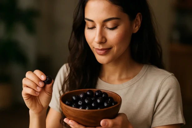 Žena sa úsmevom drží misku s acai bobuľami a jednu z nich pripravuje na ochutnanie.
