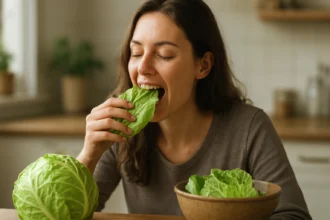 Žena sa teší na čerstvé listy kapusty, zdravá strava