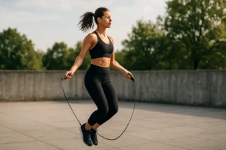 Žena skáče cez švihadlo v športovom oblečení na vonkajšej ploche.