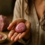 Žena drží thulitový kameň v ruke, obklopený minerálmi.