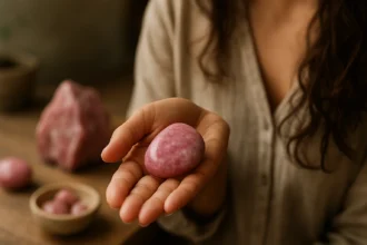 Žena drží thulitový kameň v ruke, obklopený minerálmi.