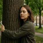 Žena objímajúca mestský strom v parku, symbol ochrany prírody.