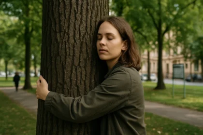 Žena objímajúca mestský strom v parku, symbol ochrany prírody.